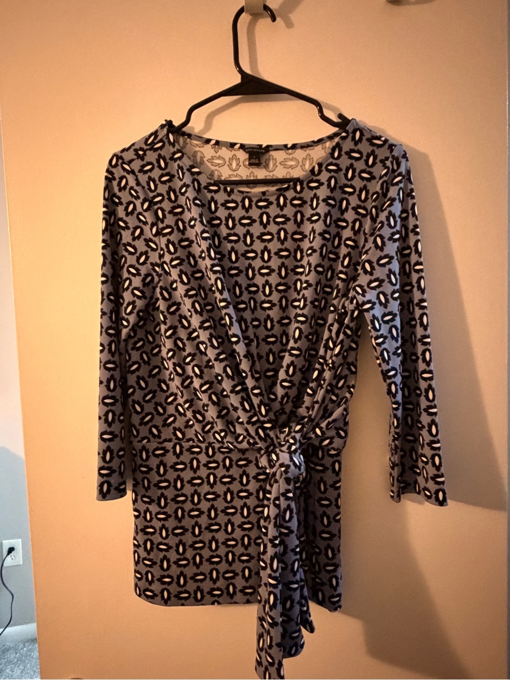 Ann Taylor Navy and White Printed Long-Sleeve Wrap Dress